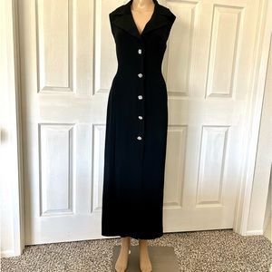 S-Italian-Black Collared Sleeveless Long Dress-5 Fake Diamond Buttons-Flowing